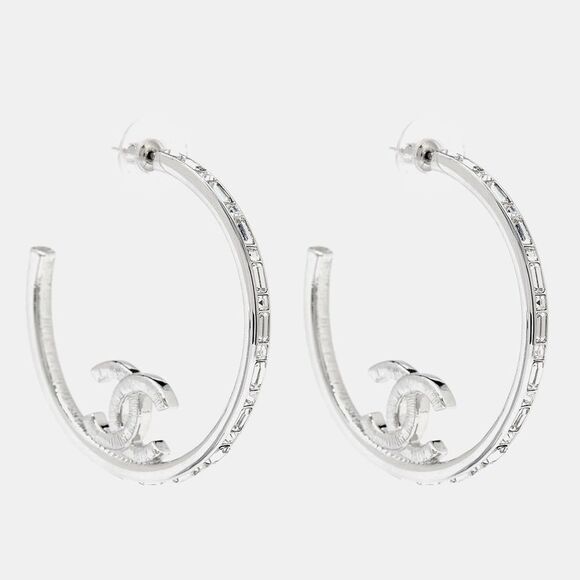 Chanel Jewelry - Chanel  CC Crystals Silver Tone Hoop Earrings